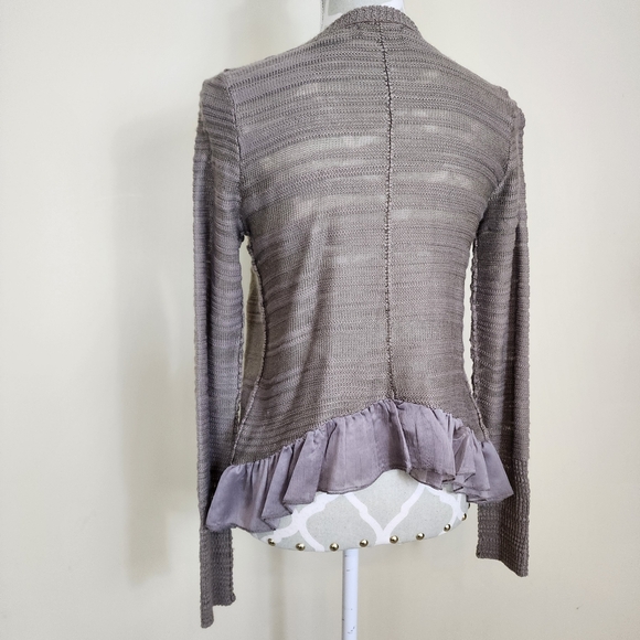 Waffle Knit Open Front Cardigan Ruffled Hem Neutral Size Small - Picture 7 of 10